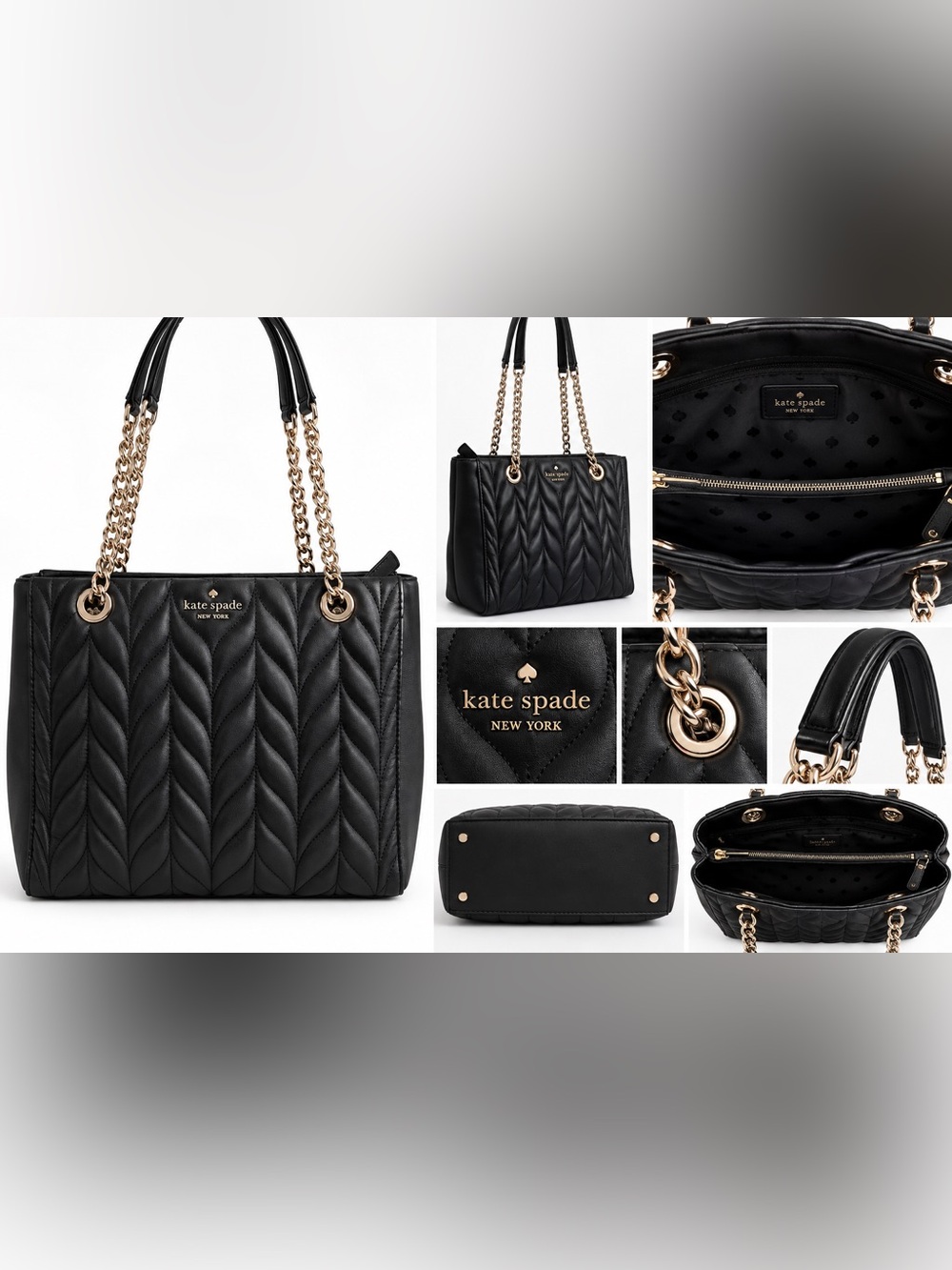 Kate Spade New York Black Quilted Leather Chain Strap Tote Bag Gold Hardware